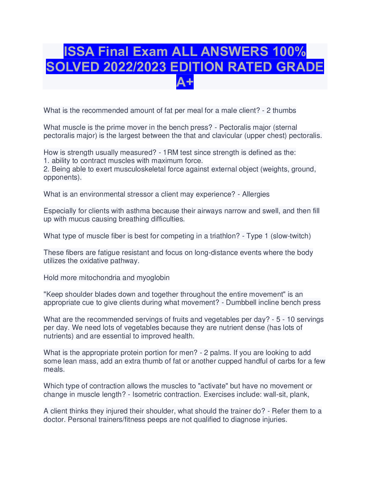 Preview of ISSA Final Exam ALL ANSWERS 100% SOLVED 2022/2023 EDITION RATED GRADE A+
